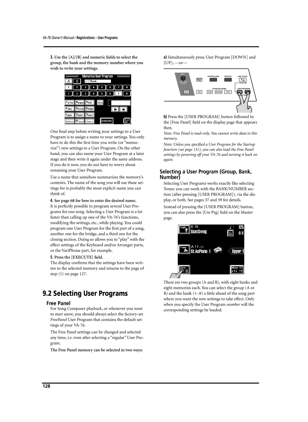 Roland VA-76 owner manual Selecting User Programs, Free Panel, Selecting a User Program Group, Bank, Number, 128 