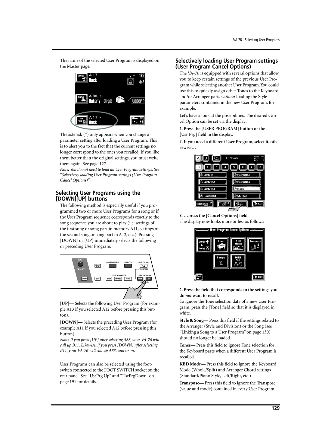 Roland VA-76 owner manual Selecting User Programs using the Downup buttons, 129 