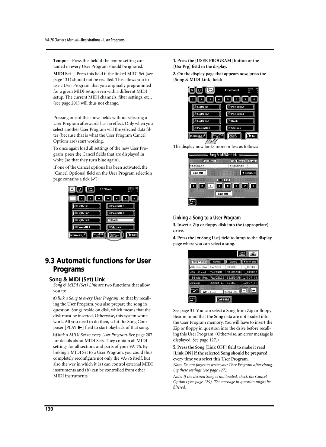 Roland VA-76 Automatic functions for User Programs, Song & Midi Set Link, Linking a Song to a User Program, 130 