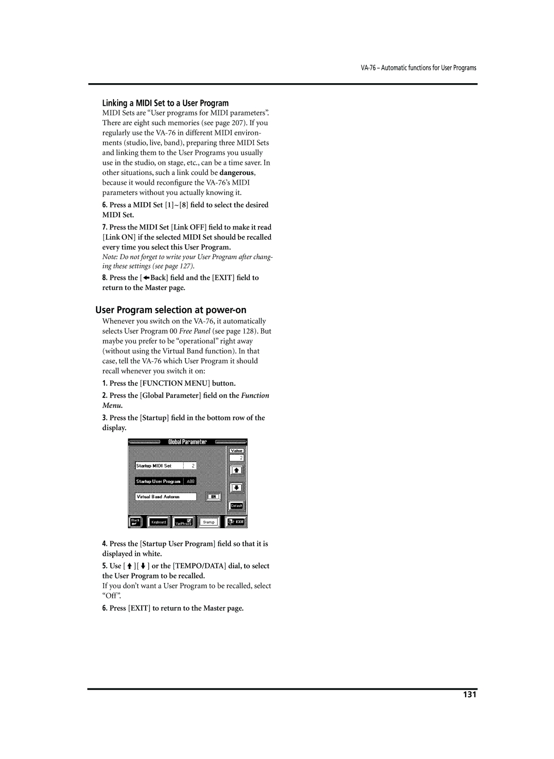 Roland VA-76 owner manual User Program selection at power-on, Linking a Midi Set to a User Program, 131 