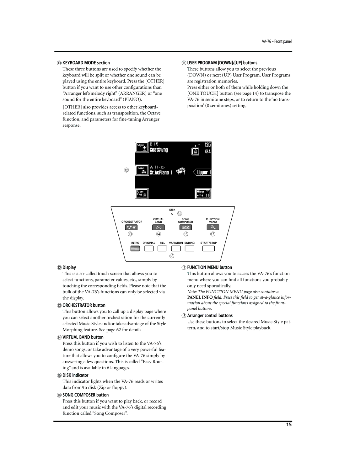 Roland VA-76 owner manual Jkeyboard Mode section, Display, Orchestrator button, Virtual Band button, Disk indicator 