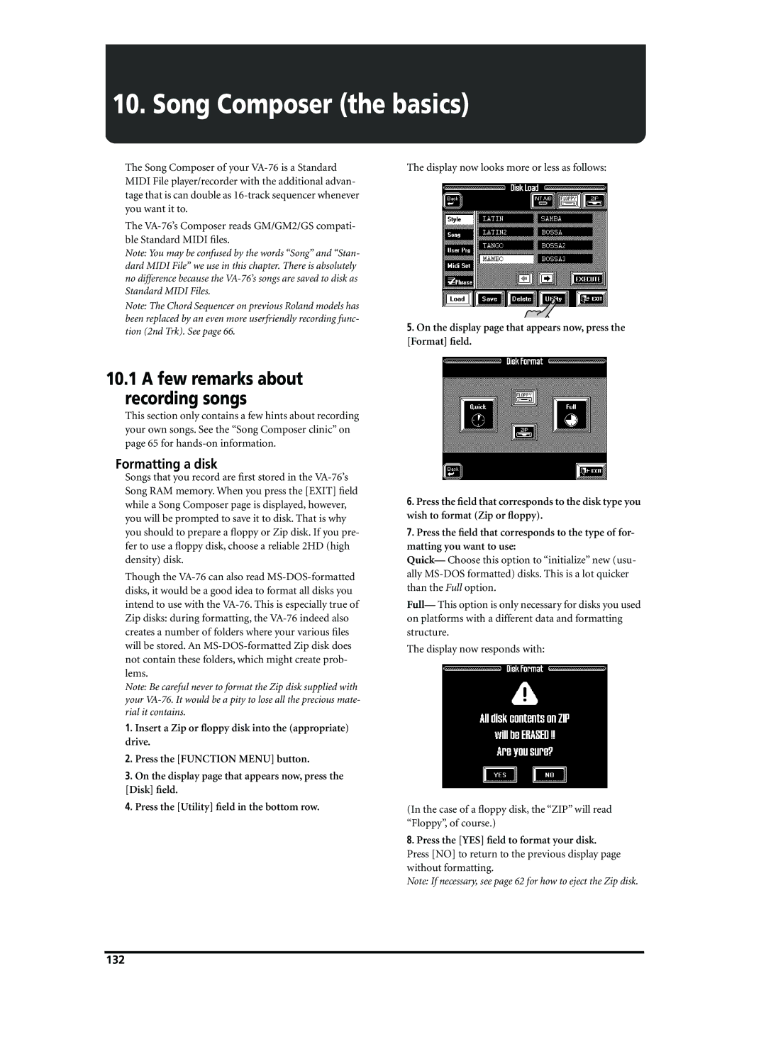 Roland VA-76 owner manual Song Composer the basics, Formatting a disk, 132 