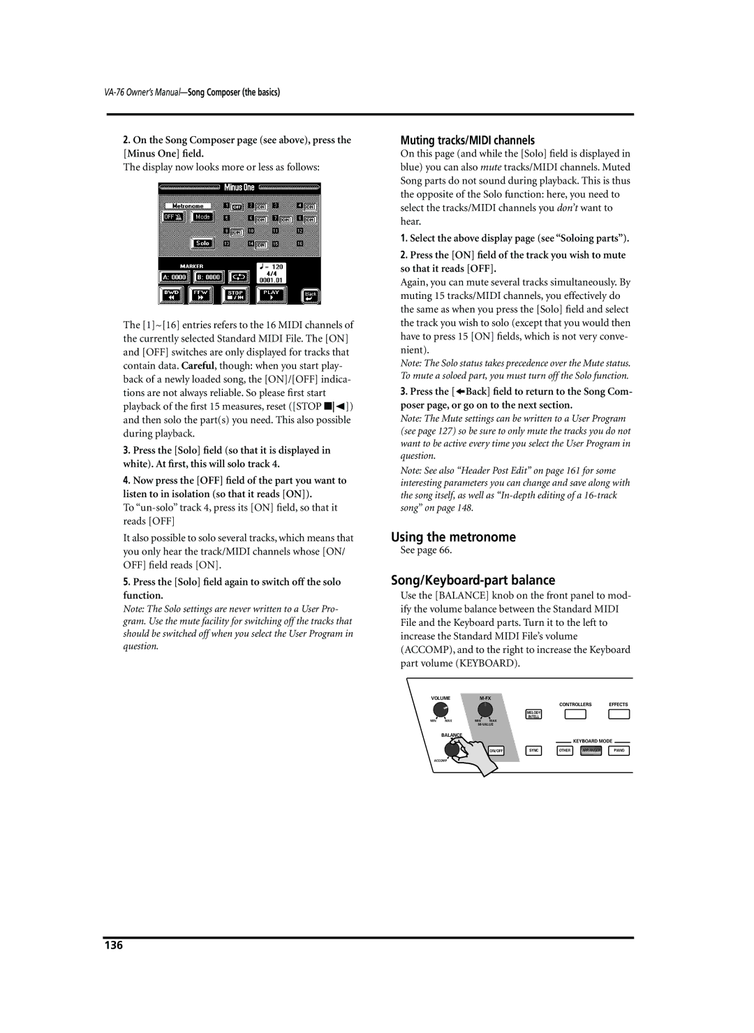 Roland VA-76 owner manual Using the metronome, Song/Keyboard-part balance, Muting tracks/MIDI channels, 136 