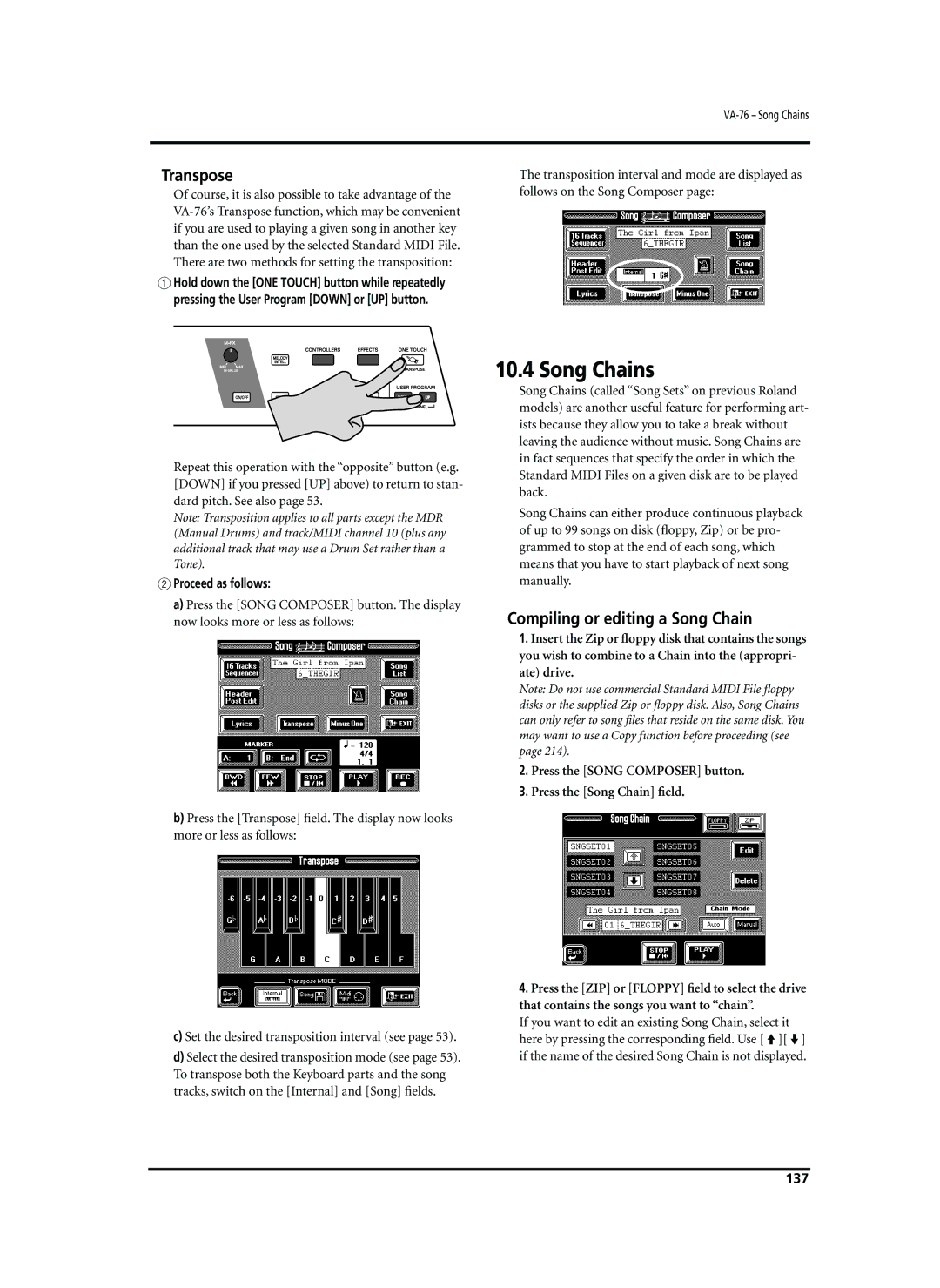 Roland VA-76 owner manual Song Chains, Transpose, Compiling or editing a Song Chain, Proceed as follows, 137 