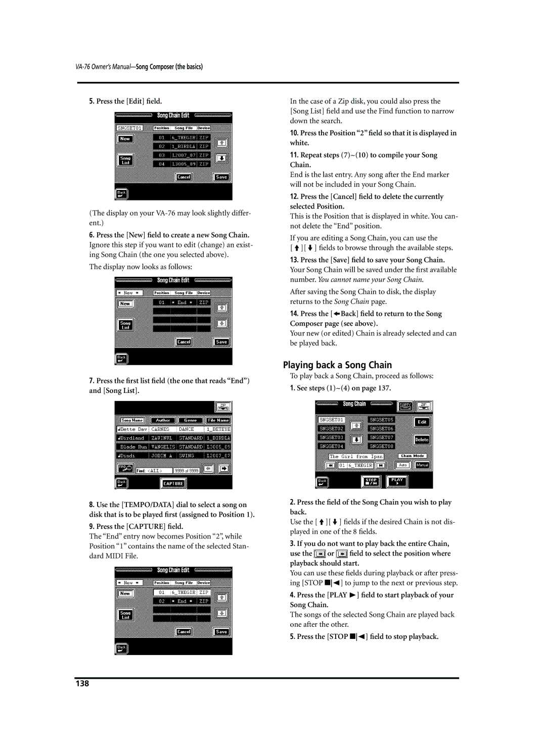 Roland owner manual Playing back a Song Chain, Display on your VA-76 may look slightly differ- ent, 138 