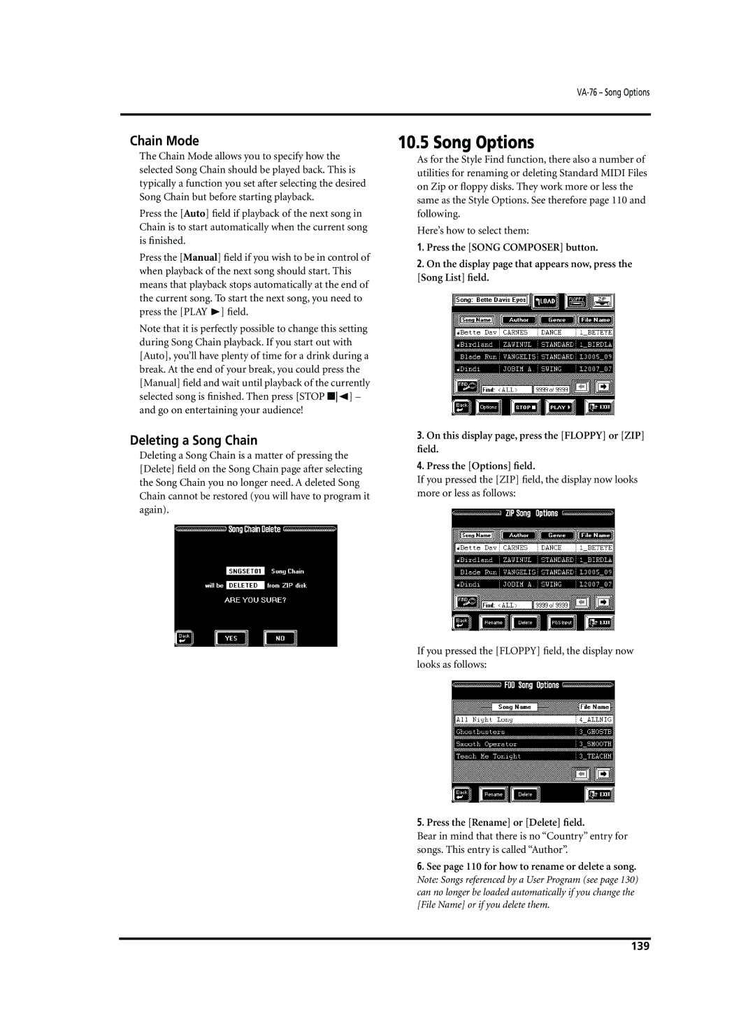 Roland VA-76 owner manual Song Options, Chain Mode, Deleting a Song Chain, Press the Rename or Delete ﬁeld, 139 