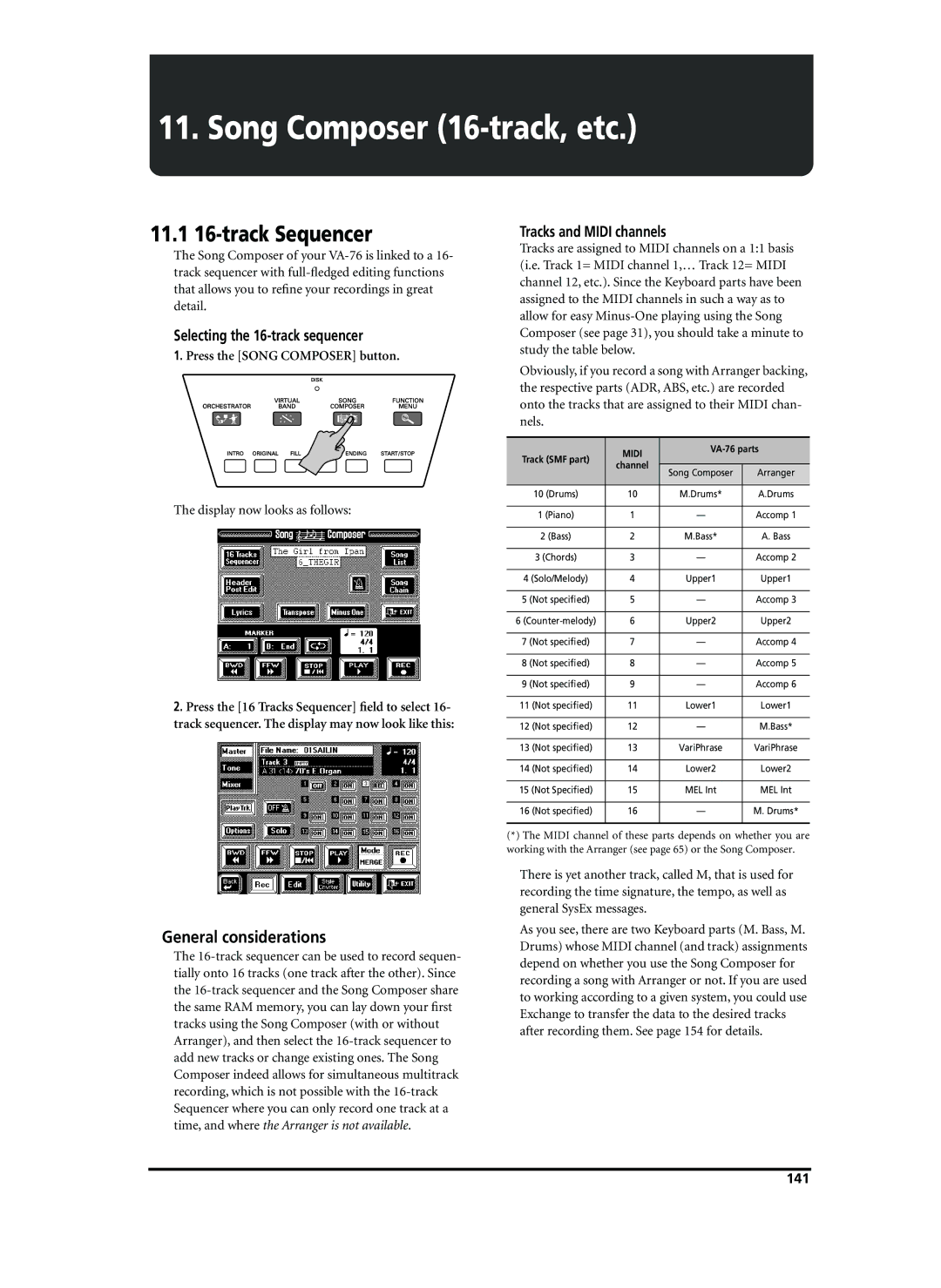 Roland VA-76 11.1 16-track Sequencer, General considerations, Selecting the 16-track sequencer, Tracks and Midi channels 