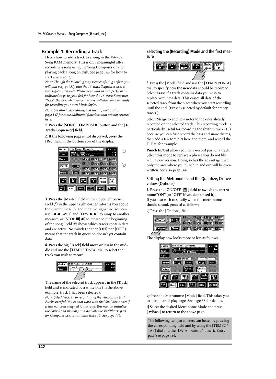 Roland VA-76 owner manual Example 1 Recording a track, Selecting the Recording Mode and the ﬁrst mea- sure, 142 