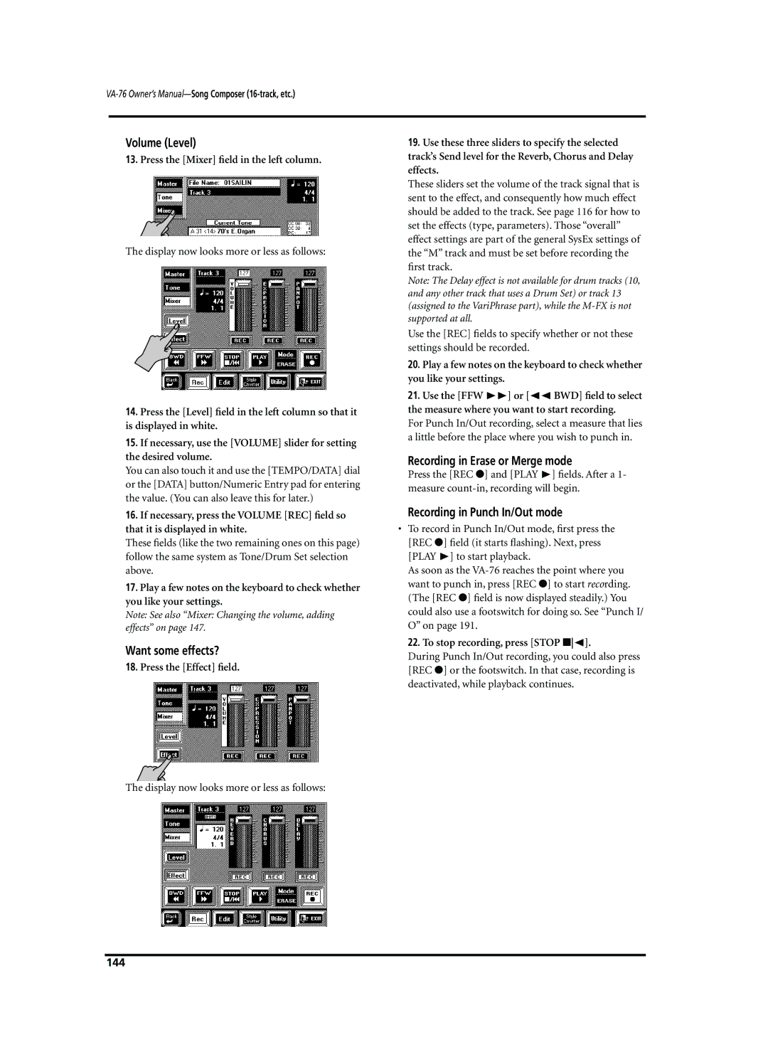 Roland VA-76 Volume Level, Want some effects?, Recording in Erase or Merge mode, Recording in Punch In/Out mode, 144 