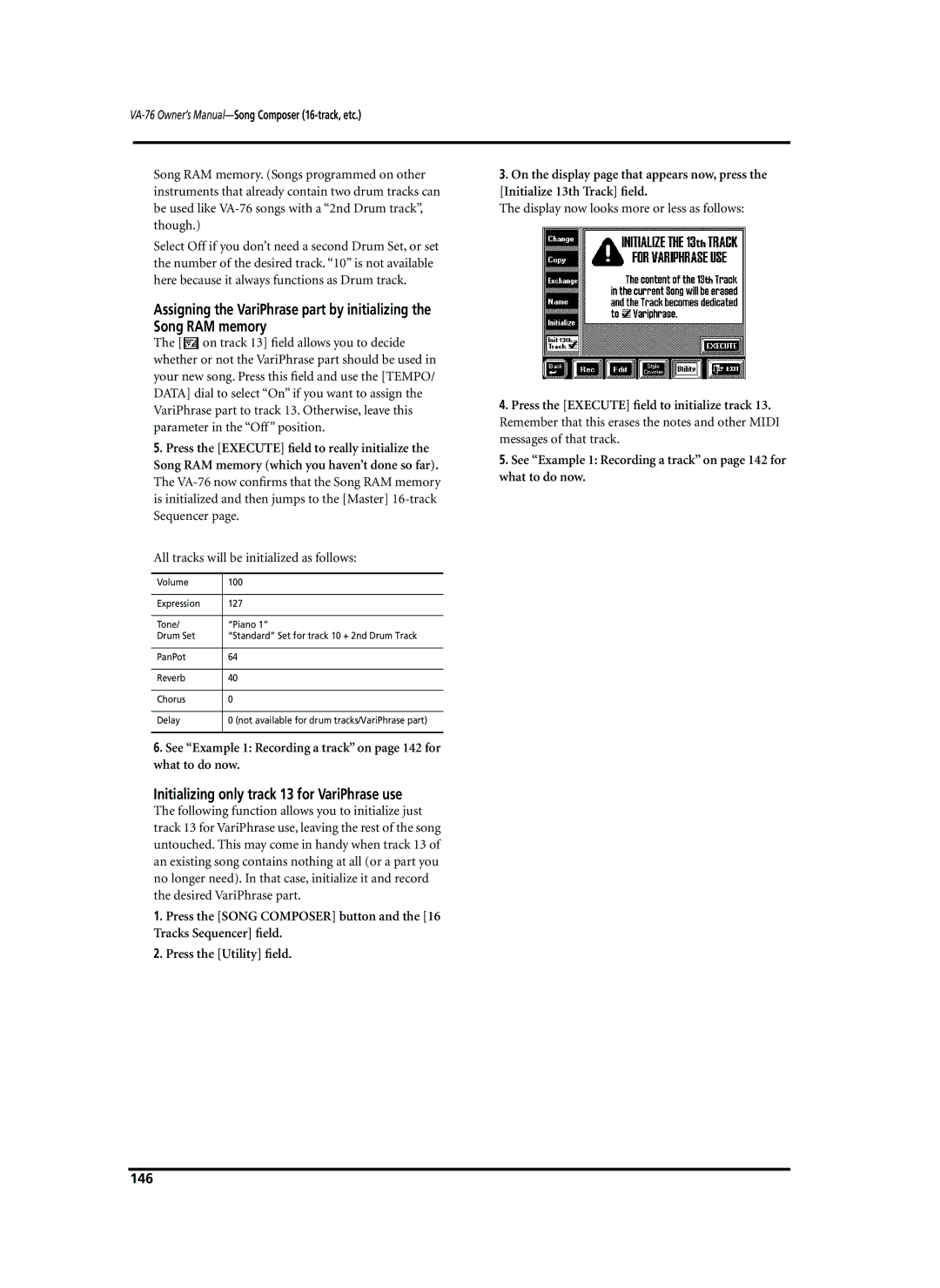 Roland VA-76 owner manual Initializing only track 13 for VariPhrase use, All tracks will be initialized as follows, 146 