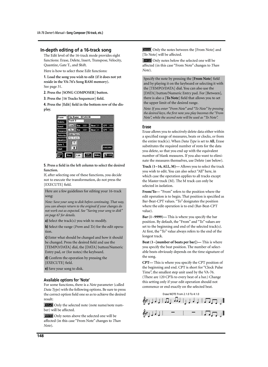 Roland VA-76 owner manual In-depth editing of a 16-track song, Available options for ‘Note’, Erase, 148 