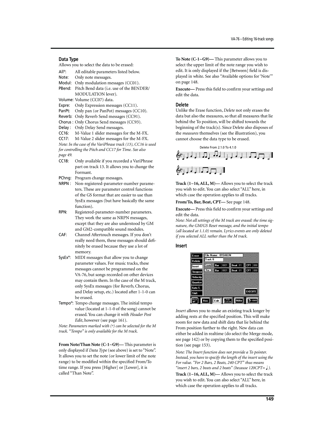 Roland VA-76 owner manual Data Type, Delete, Insert, From/To, Bar, Beat, CPT- See, 149 