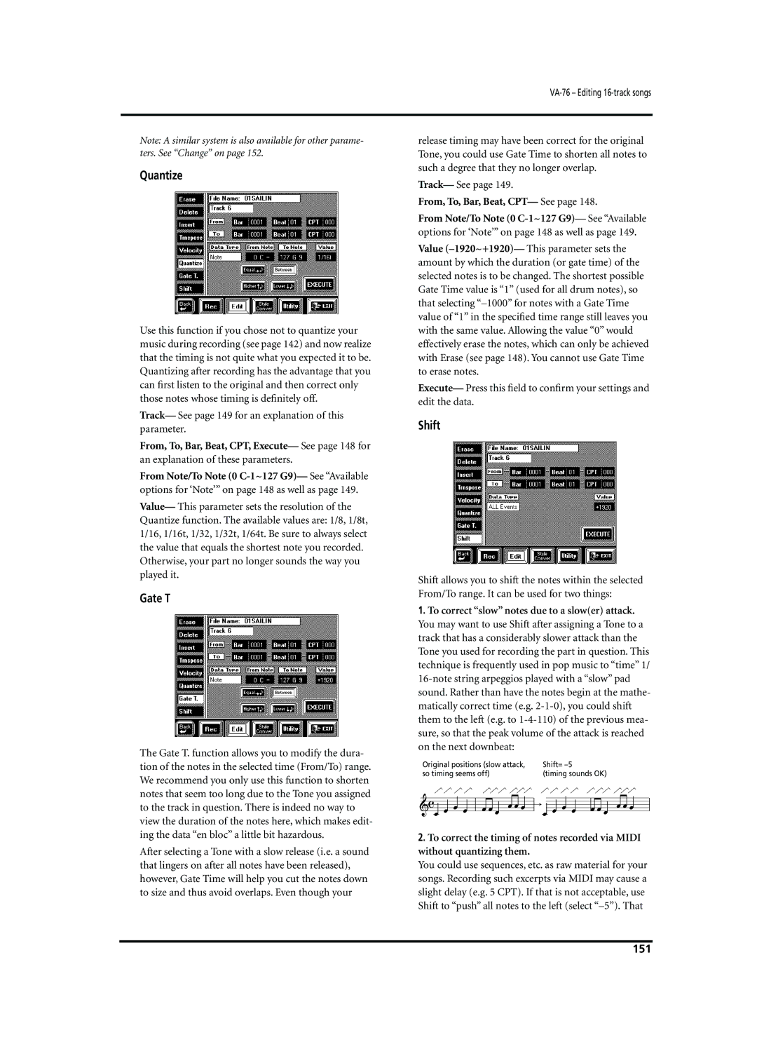 Roland VA-76 Gate T, Shift, From, To, Bar, Beat, CPT, Execute- See page 148 for, From, To, Bar, Beat, CPT- See, 151 