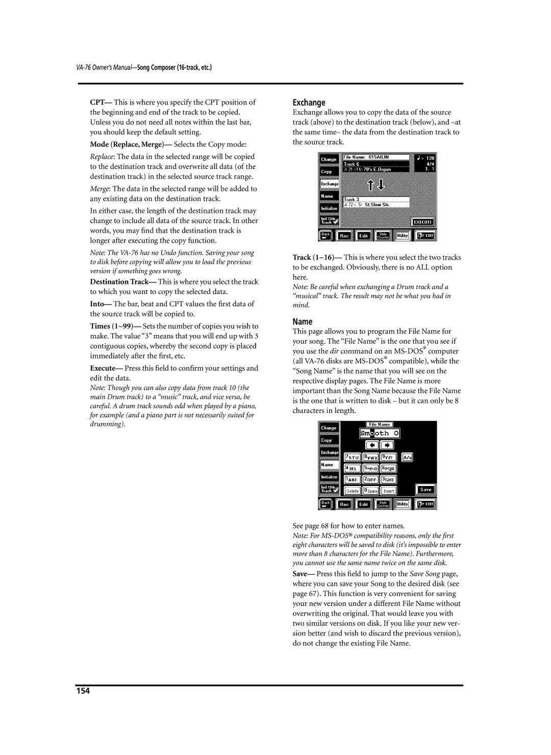 Roland VA-76 Exchange, Name, Mode Replace, Merge- Selects the Copy mode, See page 68 for how to enter names, 154 