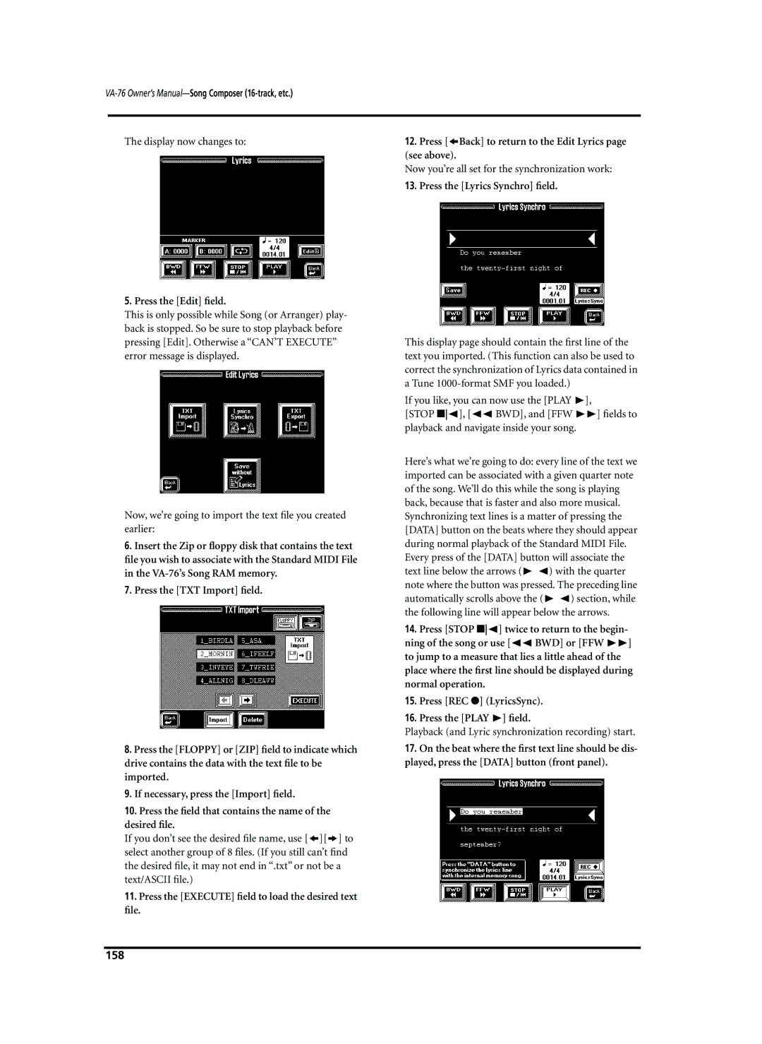 Roland VA-76 owner manual Now you’re all set for the synchronization work, Press the Lyrics Synchro ﬁeld, 158 