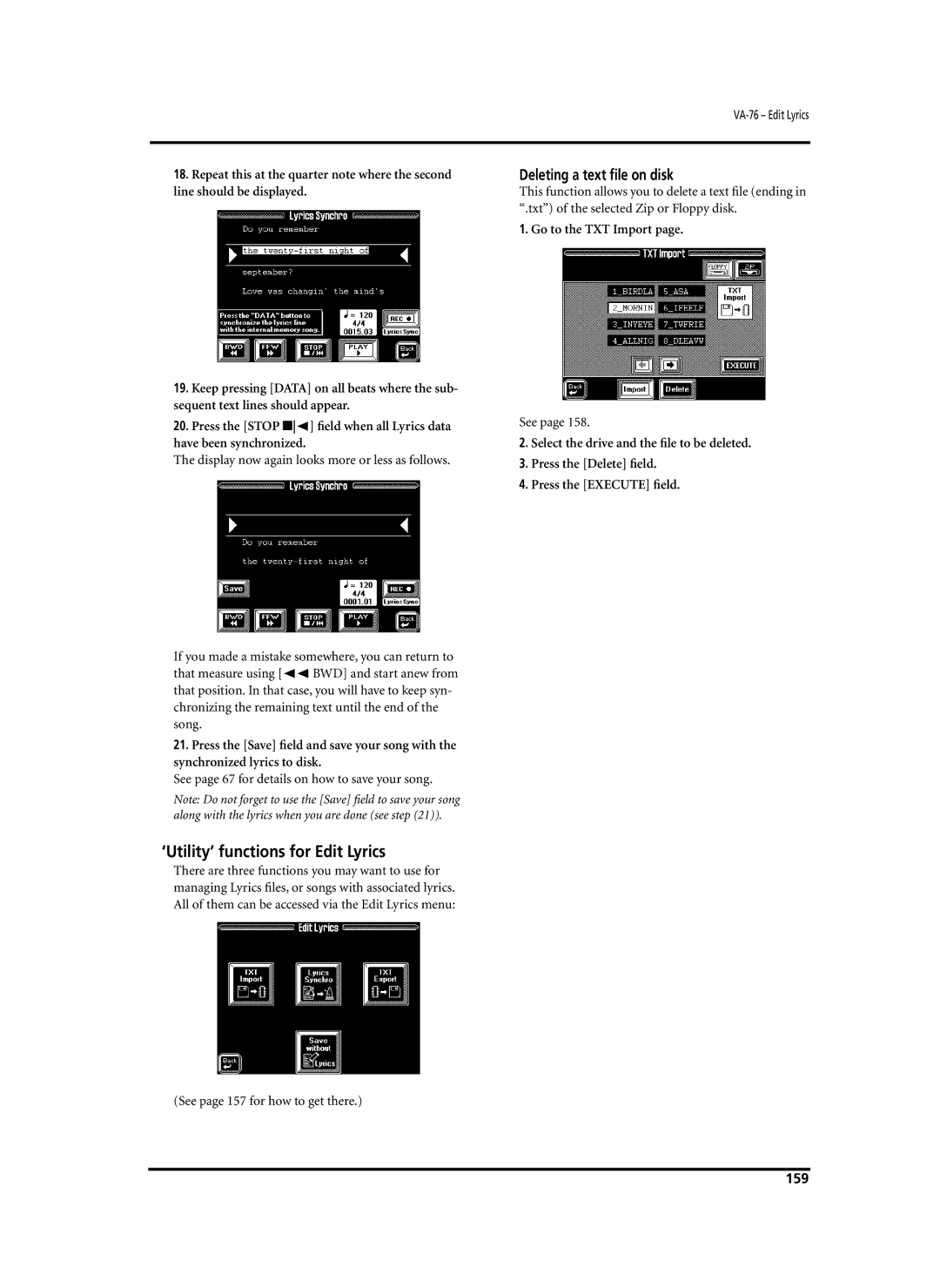 Roland VA-76 owner manual ‘Utility’ functions for Edit Lyrics, Deleting a text ﬁle on disk, Go to the TXT Import, 159 