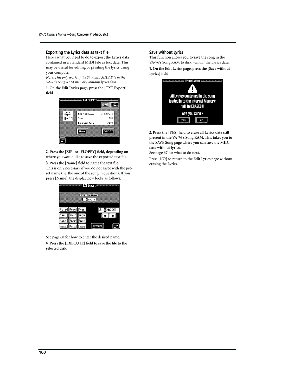 Roland VA-76 owner manual Exporting the Lyrics data as text ﬁle, Save without Lyrics, 160 