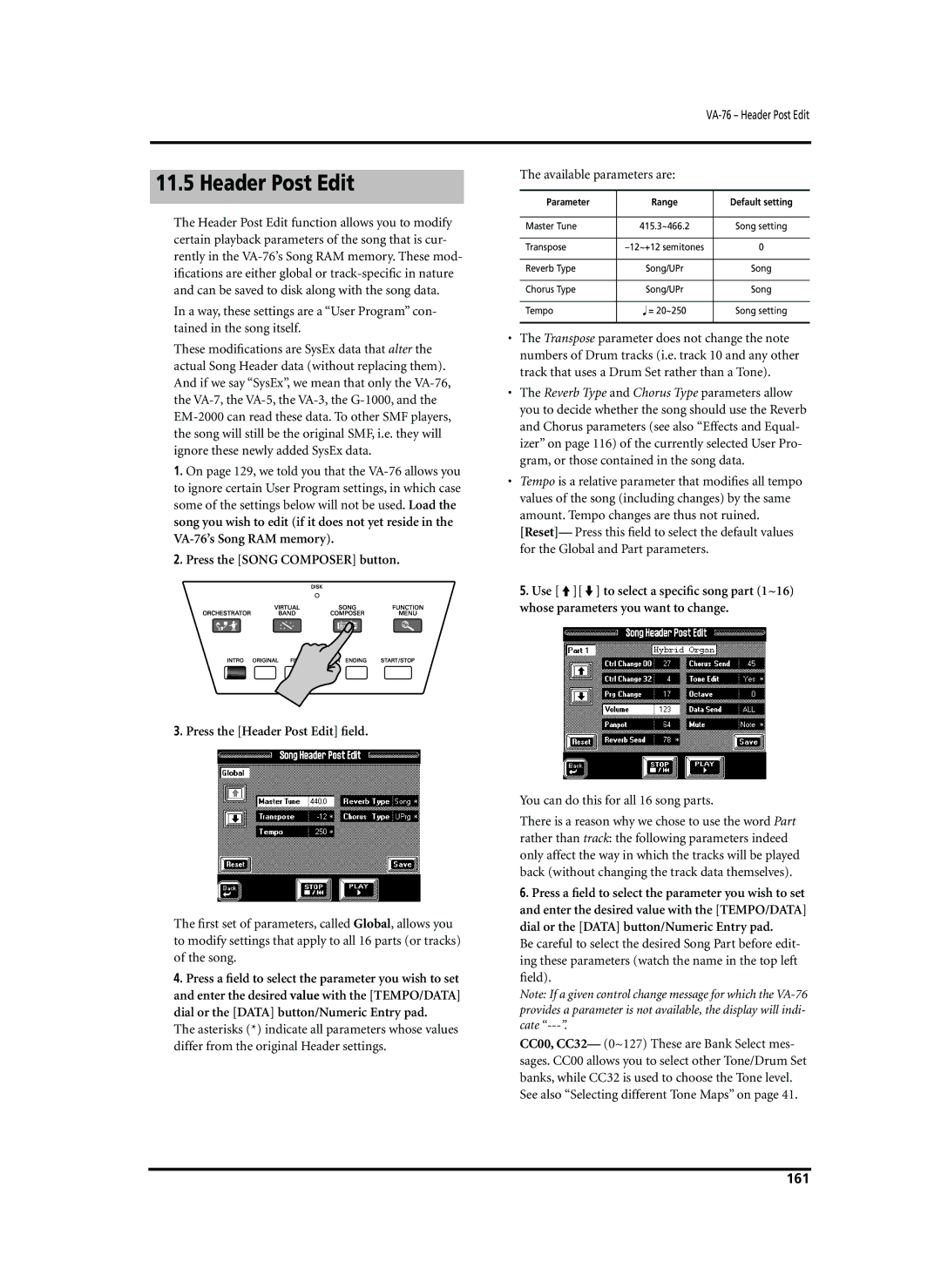 Roland VA-76 owner manual Header Post Edit, You can do this for all 16 song parts, 161 