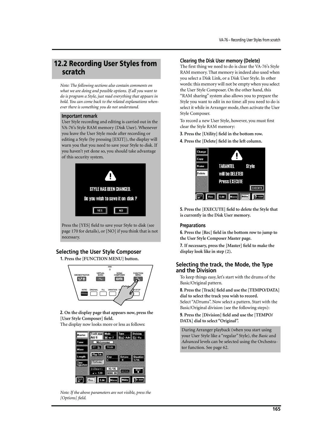 Roland VA-76 owner manual Recording User Styles from scratch, Selecting the User Style Composer 