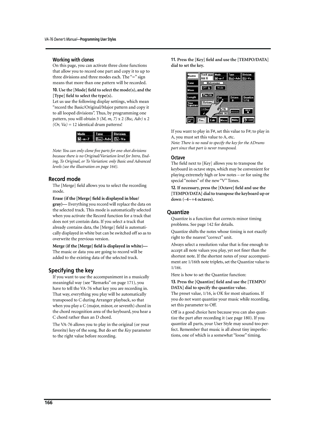 Roland VA-76 owner manual Record mode, Specifying the key, Quantize, Working with clones, Octave 