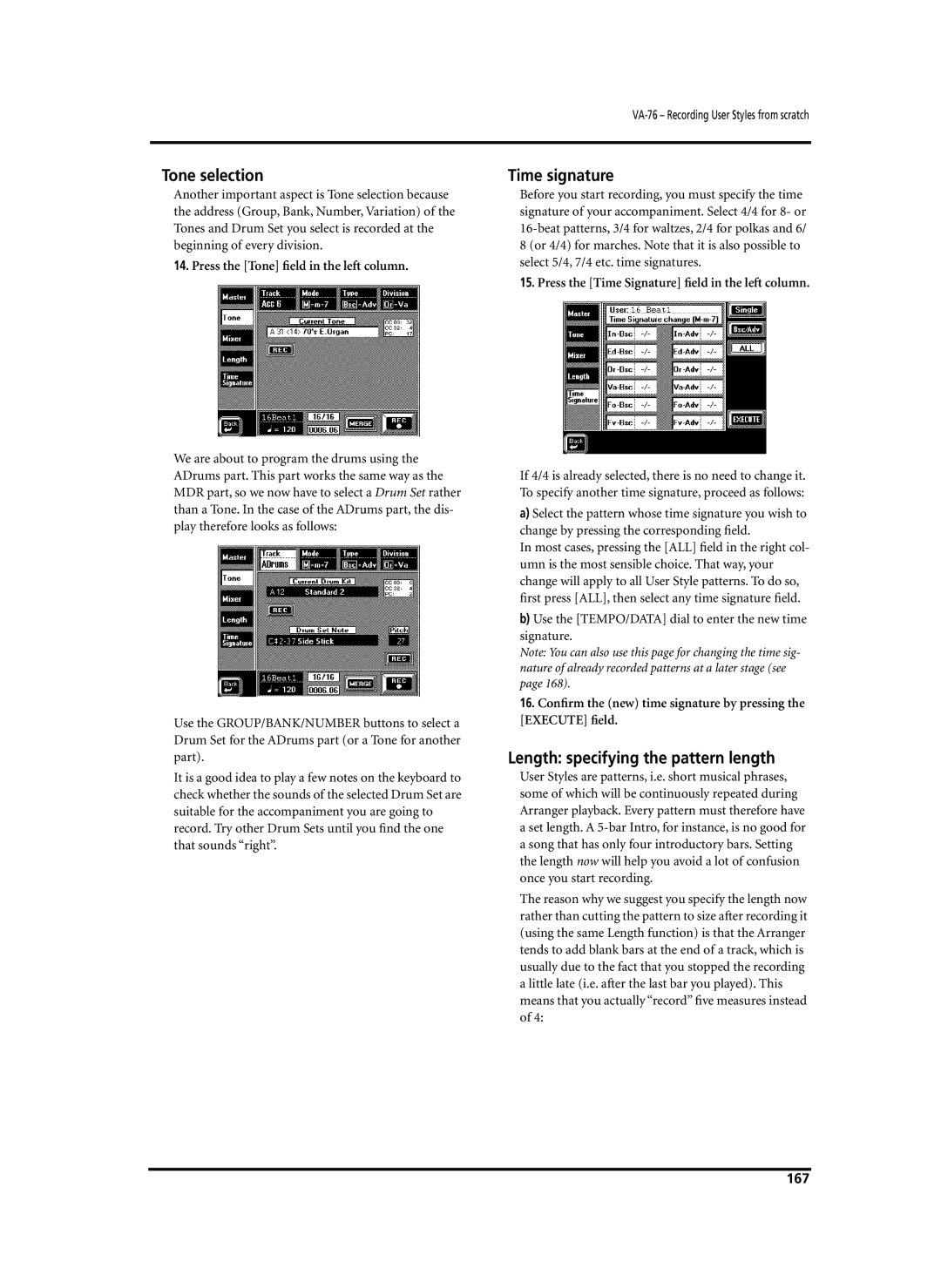 Roland VA-76 owner manual Tone selection, Time signature, Length specifying the pattern length, 167 