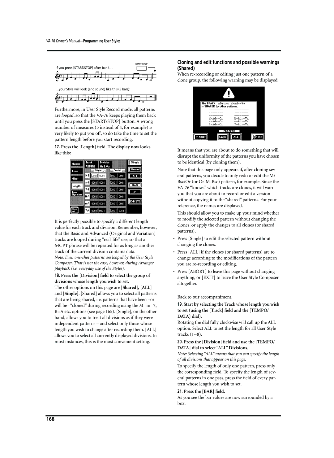 Roland VA-76 owner manual Cloning and edit functions and possible warnings Shared, Press the BAR ﬁeld, 168 