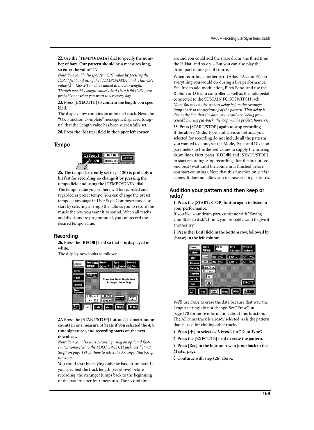 Roland VA-76 owner manual Tempo, Recording, Audition your pattern and then keep or redo?, 169 