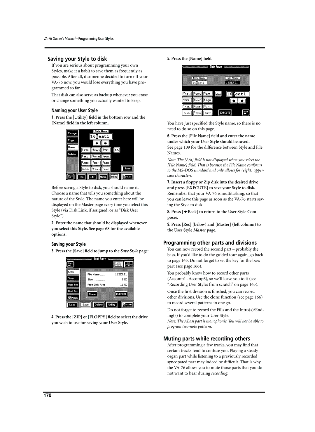 Roland VA-76 Saving your Style to disk, Programming other parts and divisions, Muting parts while recording others 