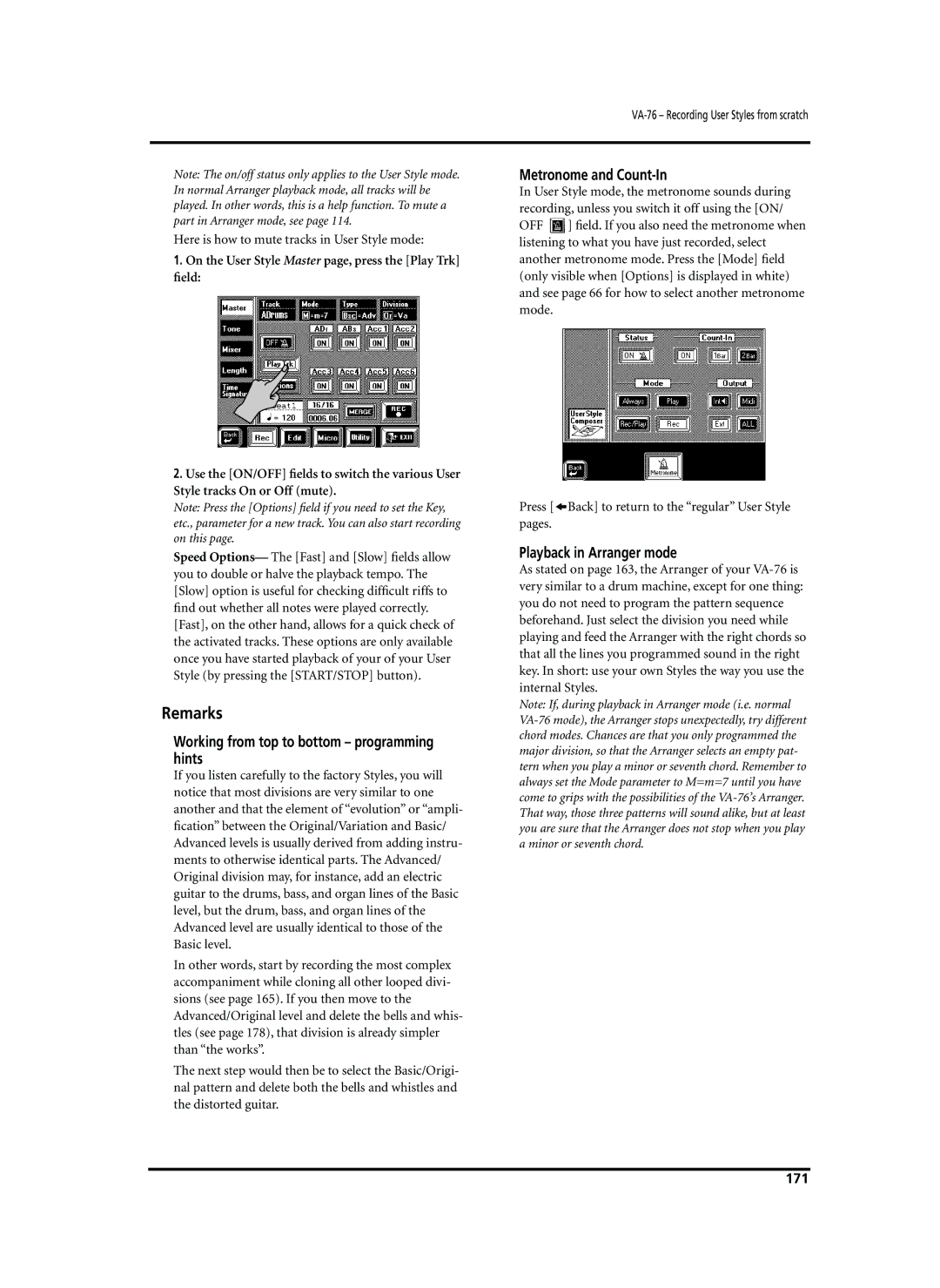 Roland VA-76 Remarks, Working from top to bottom programming hints, Metronome and Count-In, Playback in Arranger mode, 171 