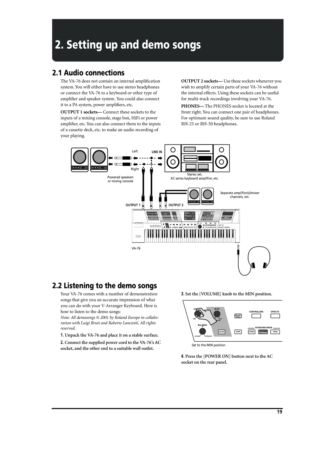 Roland VA-76 owner manual Setting up and demo songs, Audio connections, Listening to the demo songs 