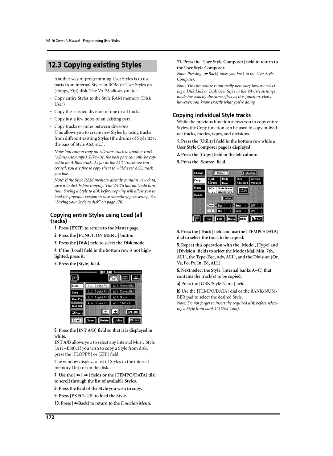 Roland VA-76 Copying existing Styles, Copying entire Styles using Load all tracks, Copying individual Style tracks, 172 