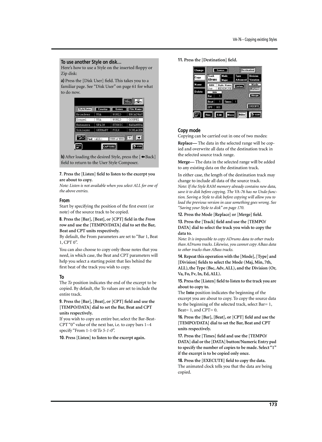 Roland VA-76 To use another Style on disk…, From, Copy mode, Animated clock tells you that the data are being copied, 173 