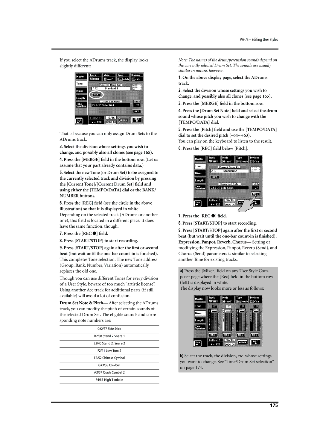 Roland VA-76 On the above display page, select the ADrums track, You can play on the keyboard to listen to the result, 175 