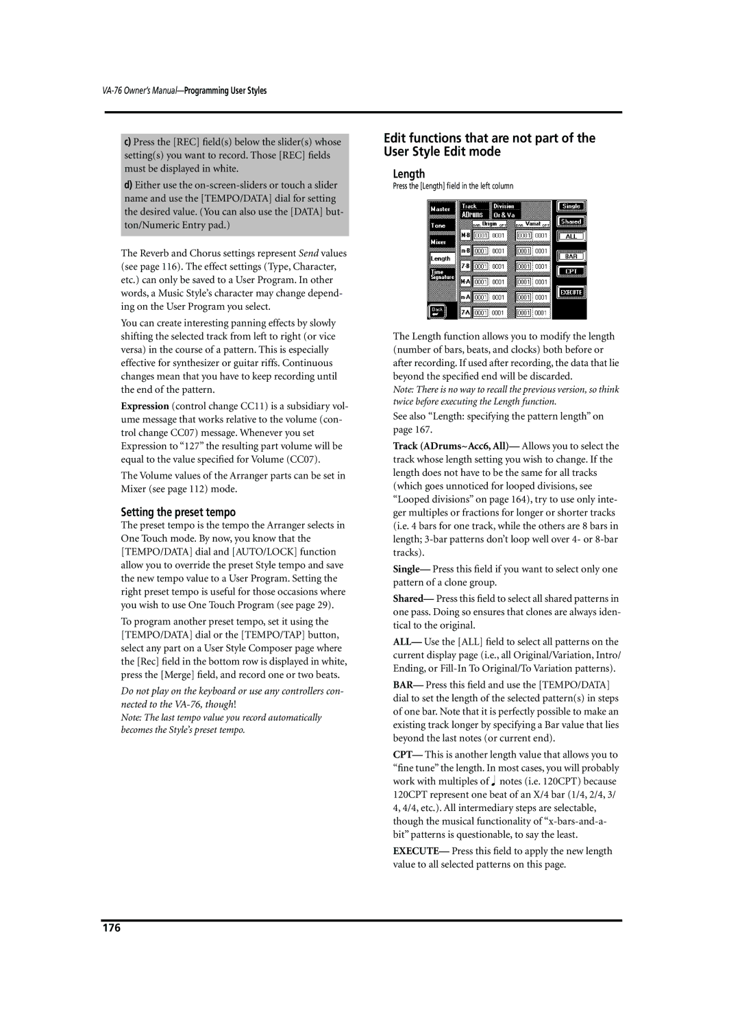 Roland VA-76 owner manual Setting the preset tempo, See also Length specifying the pattern length on, 176 