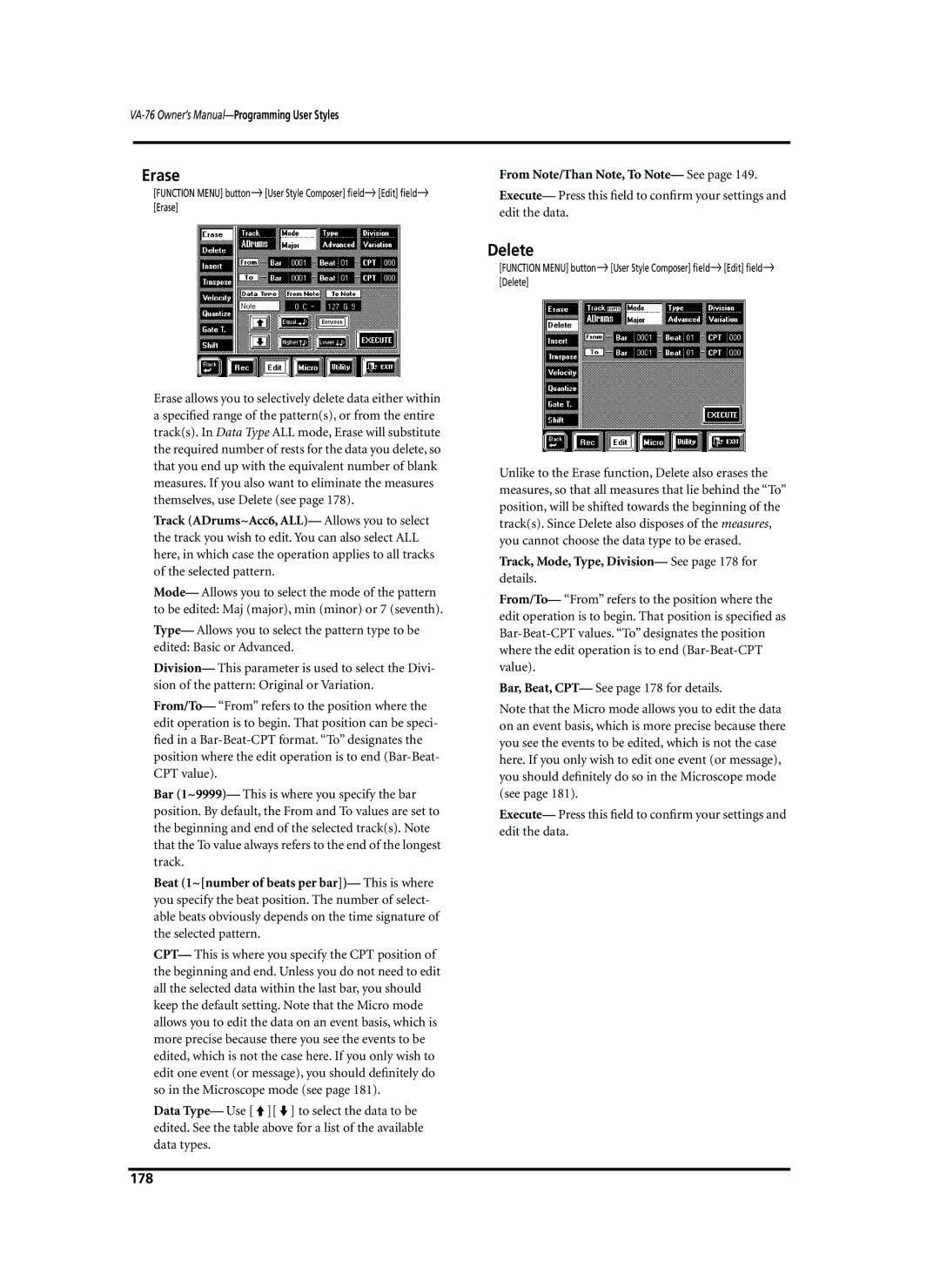 Roland VA-76 owner manual Erase, Delete, From Note/Than Note, To Note- See, Track, Mode, Type, Division- See page 178 for 