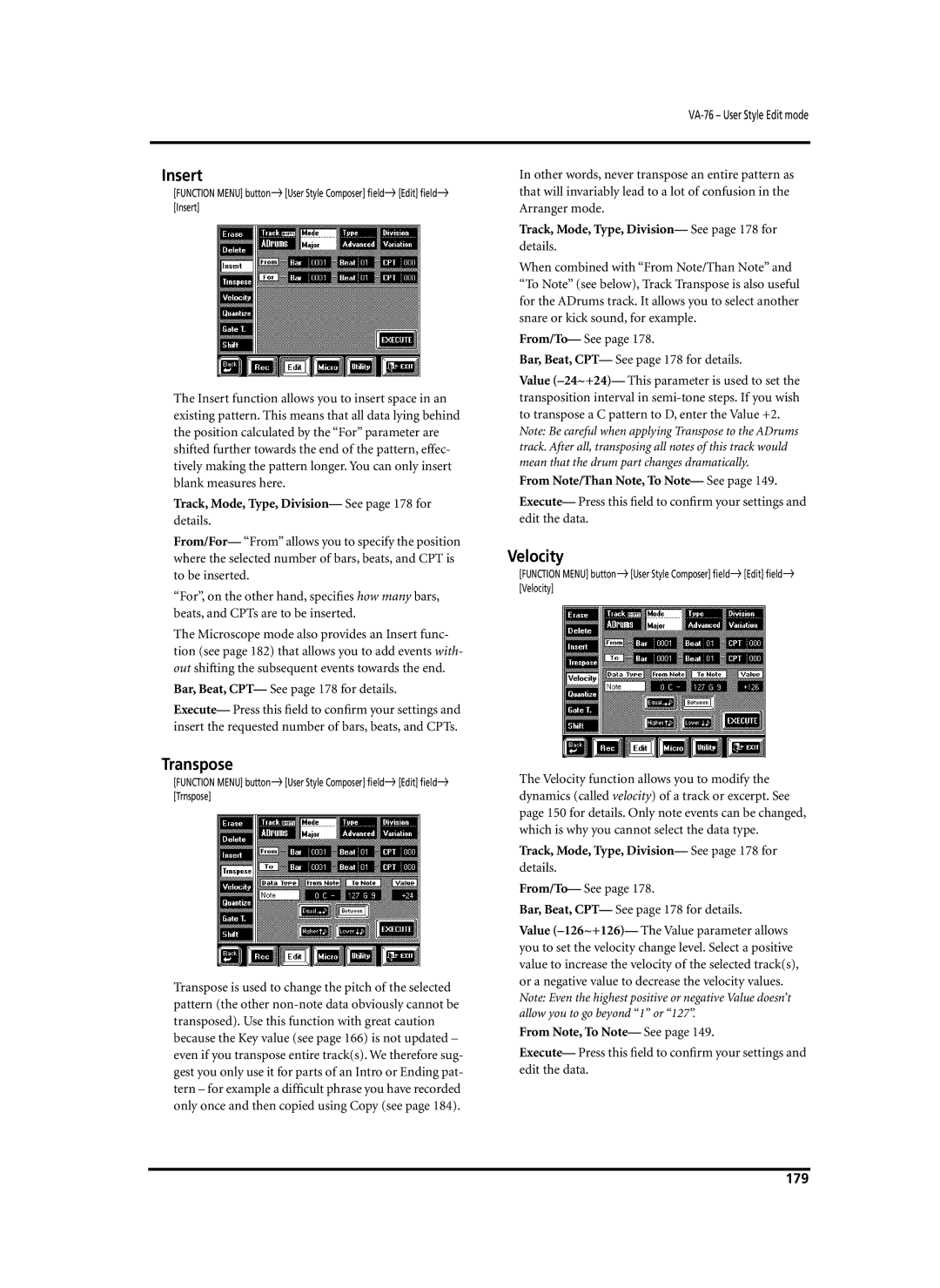 Roland VA-76 Insert, Velocity, Track, Mode, Type, Division- See page 178 for details, From Note, To Note- See, 179 