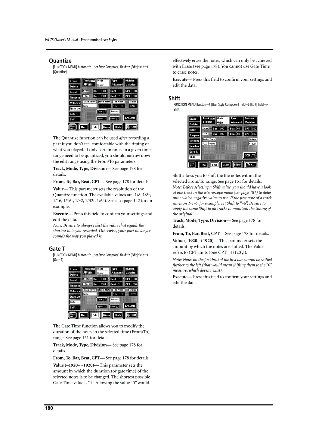 Roland VA-76 owner manual Gate T, Shift, Details, From, To, Bar, Beat, CPT- See page 178 for details, 180 