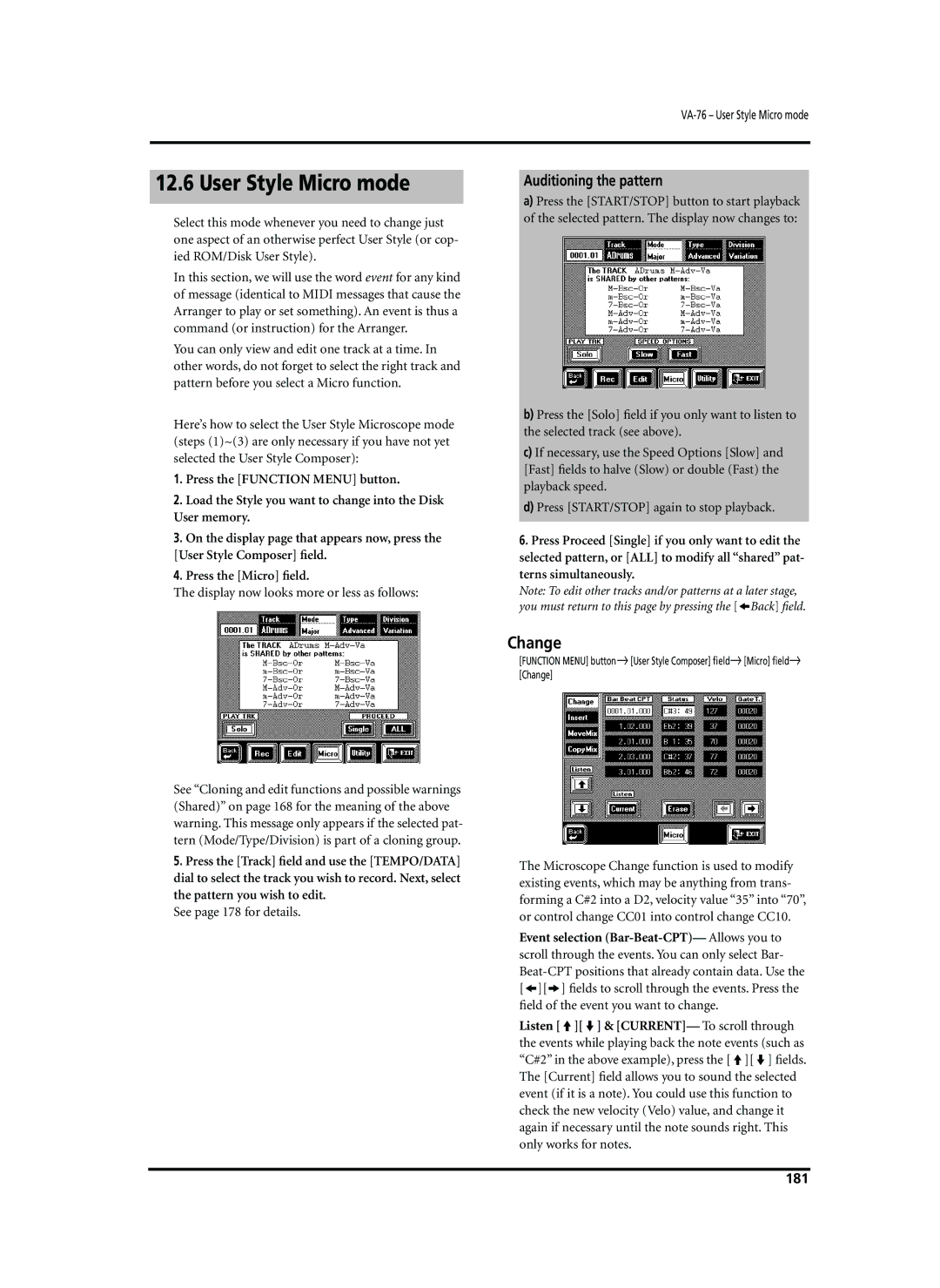 Roland VA-76 owner manual User Style Micro mode, Change, Auditioning the pattern, See page 178 for details, 181 