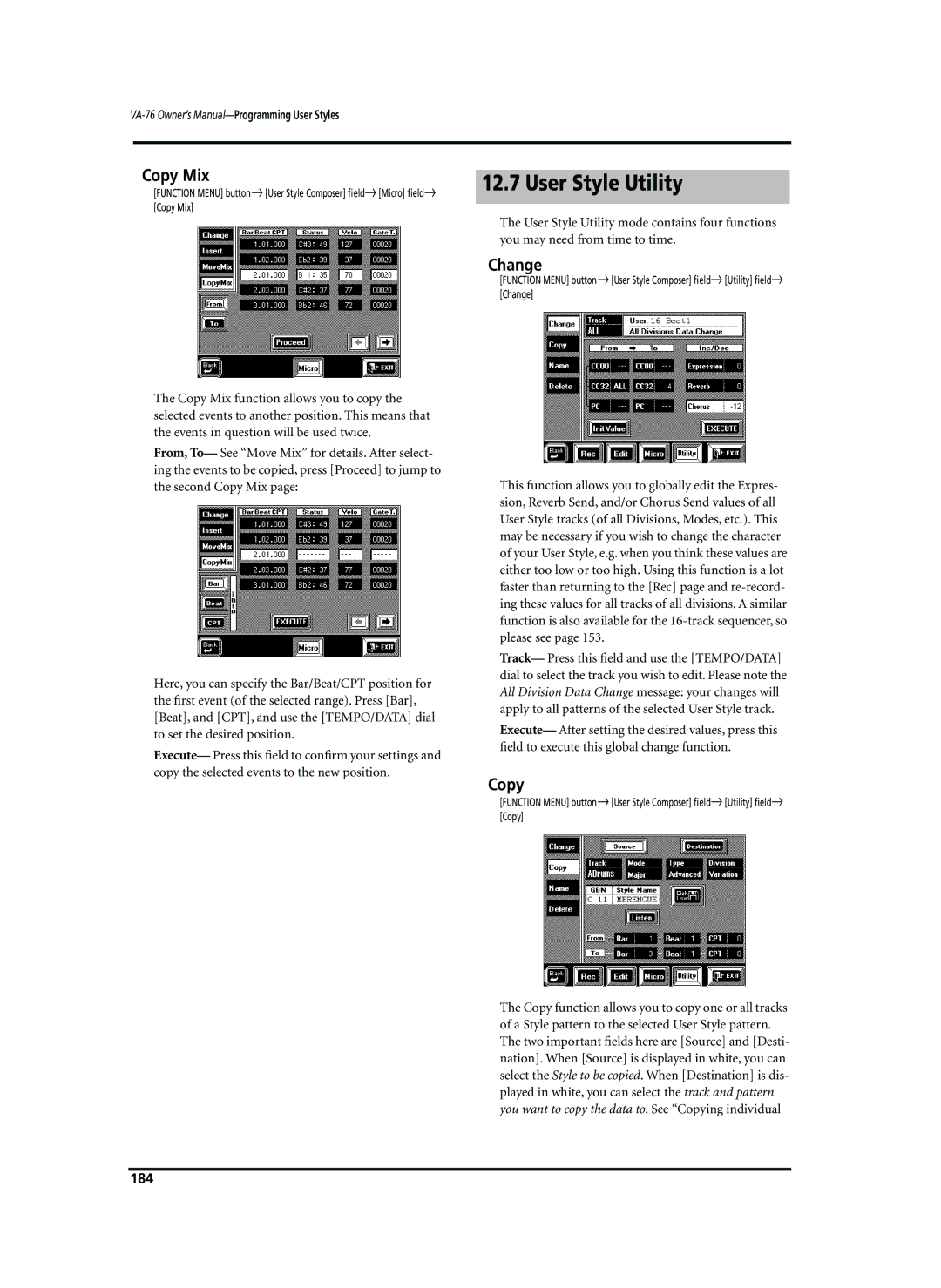 Roland VA-76 owner manual User Style Utility, Copy Mix, 184 