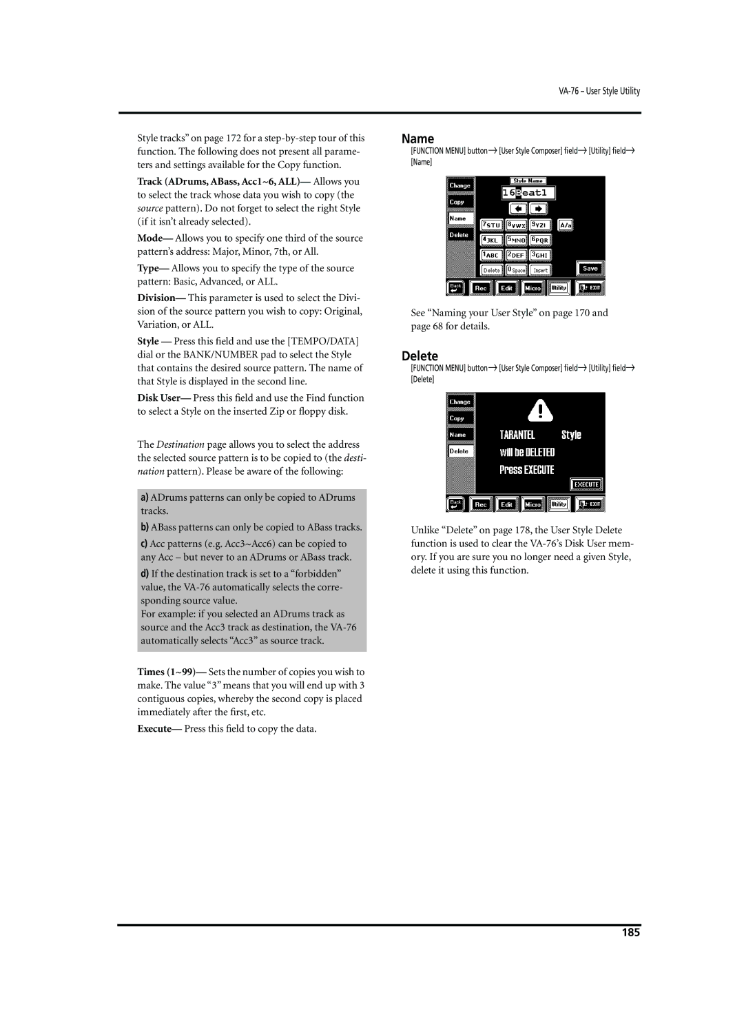 Roland VA-76 owner manual Name, Execute- Press this ﬁeld to copy the data, 185 