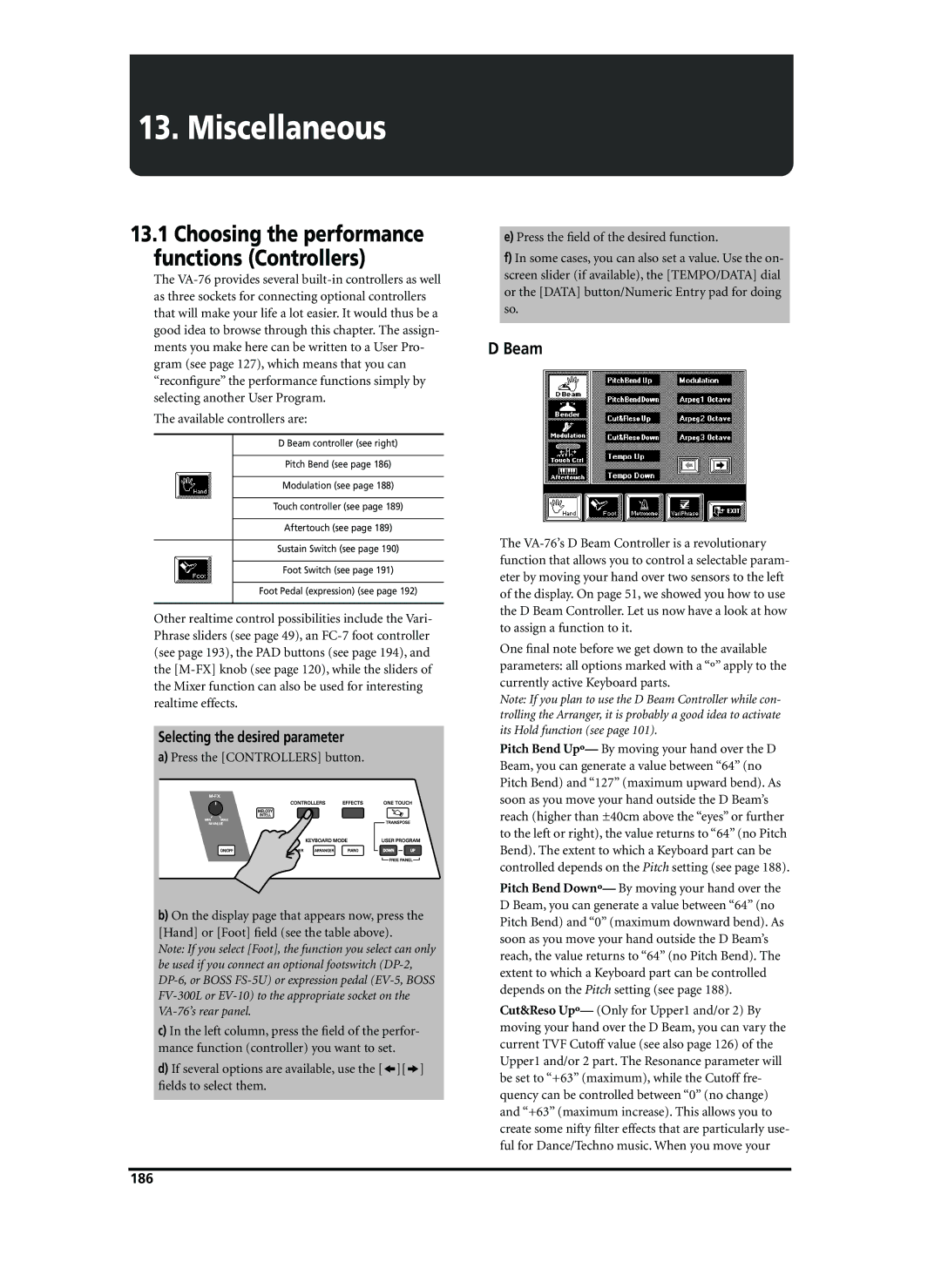 Roland VA-76 owner manual Miscellaneous, Beam, Selecting the desired parameter, Available controllers are, 186 