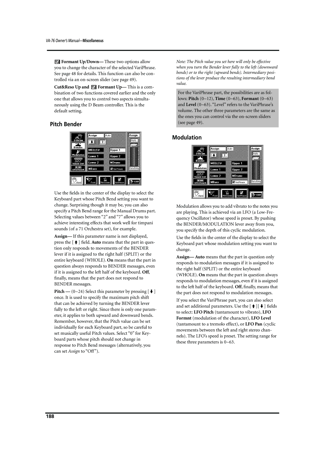 Roland VA-76 owner manual Pitch Bender, Modulation, 188 