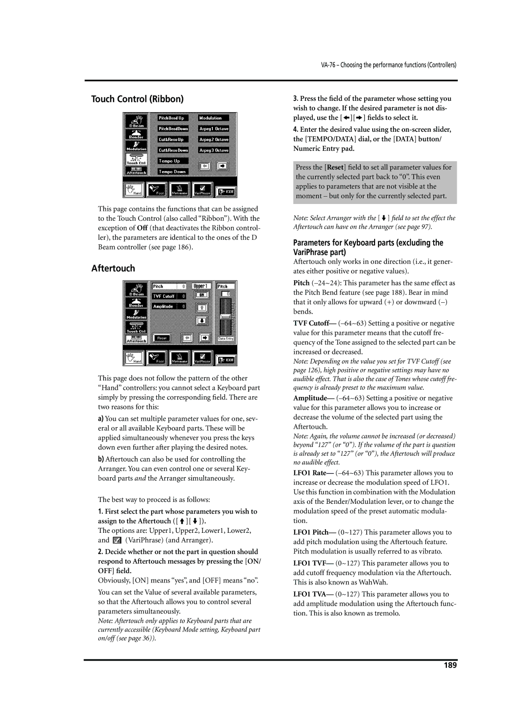 Roland VA-76 owner manual Touch Control Ribbon, Parameters for Keyboard parts excluding the VariPhrase part, 189 