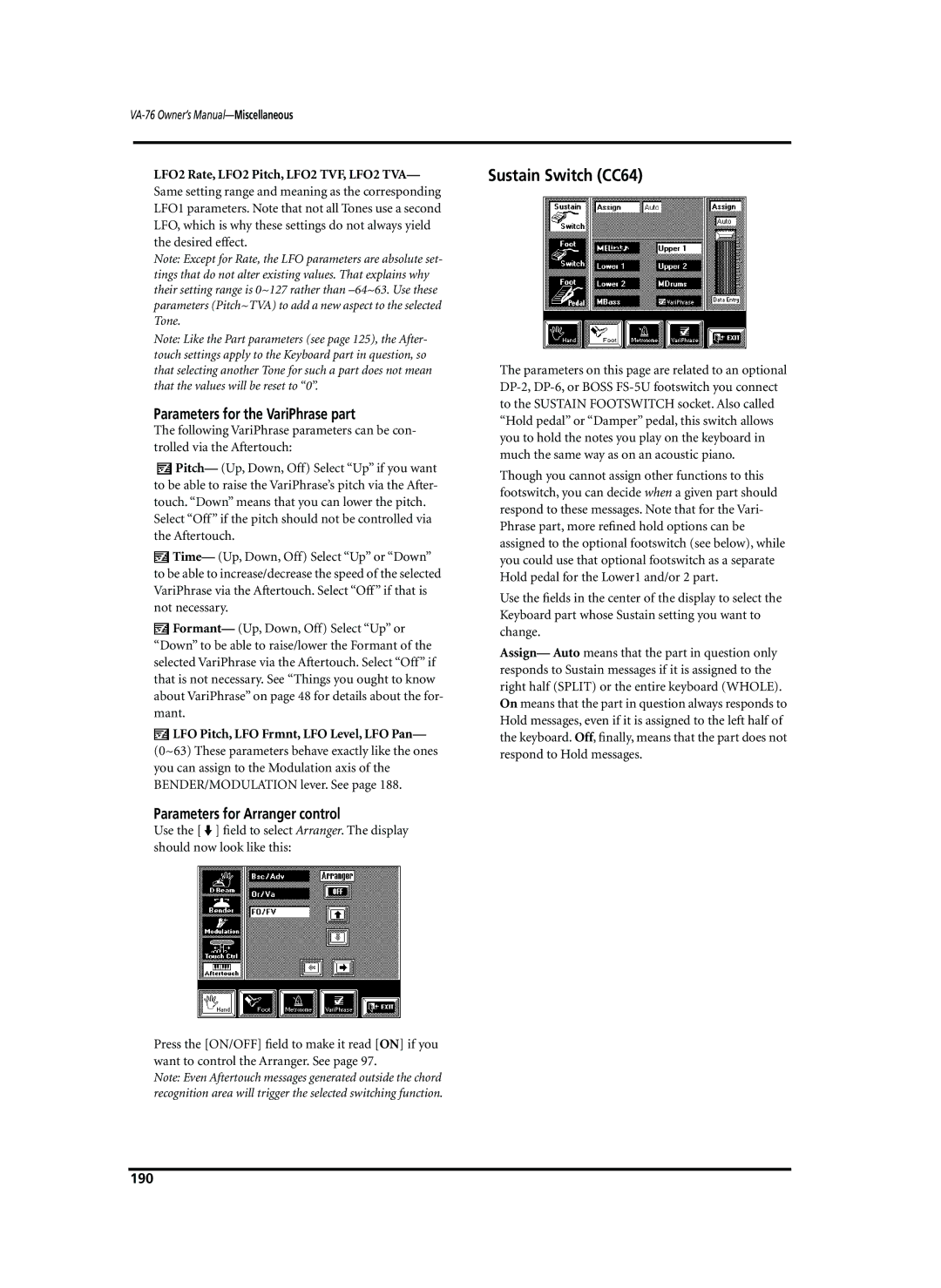 Roland VA-76 owner manual Sustain Switch CC64, Parameters for the VariPhrase part, Parameters for Arranger control, 190 