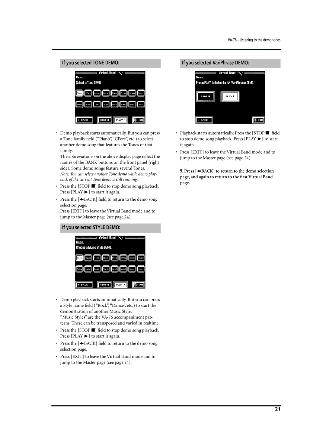 Roland VA-76 owner manual If you selected Tone Demo If you selected VariPhrase Demo, If you selected Style Demo 