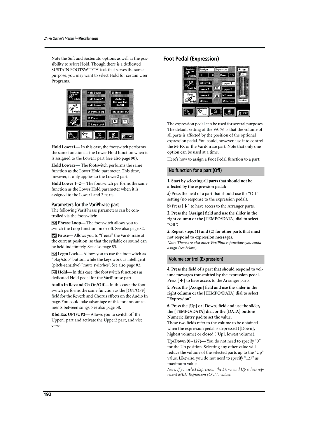 Roland VA-76 owner manual Foot Pedal Expression, No function for a part Off, Volume control Expression, 192 