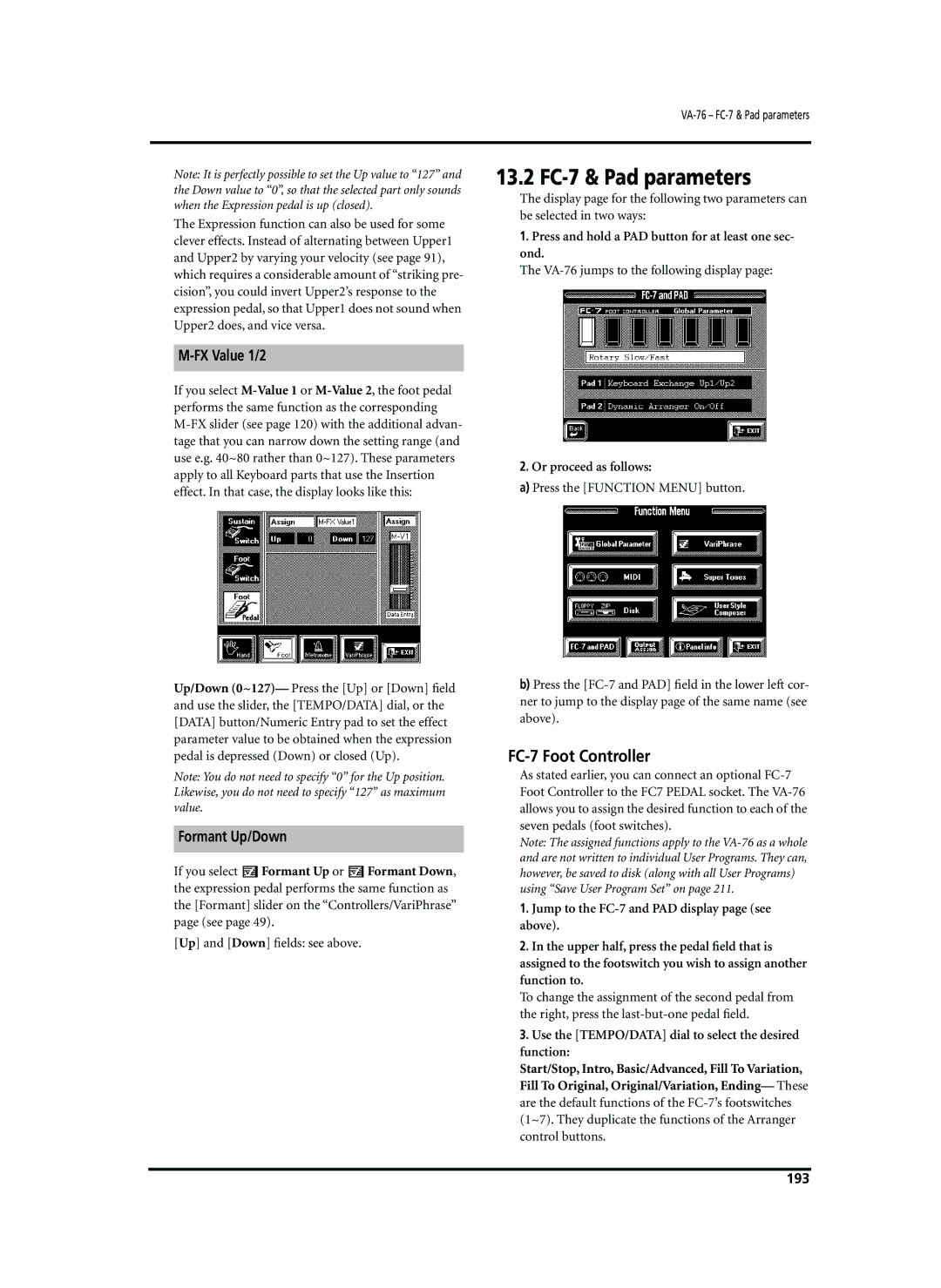 Roland VA-76 owner manual 13.2 FC-7 & Pad parameters, FX Value 1/2, Formant Up/Down, 193 