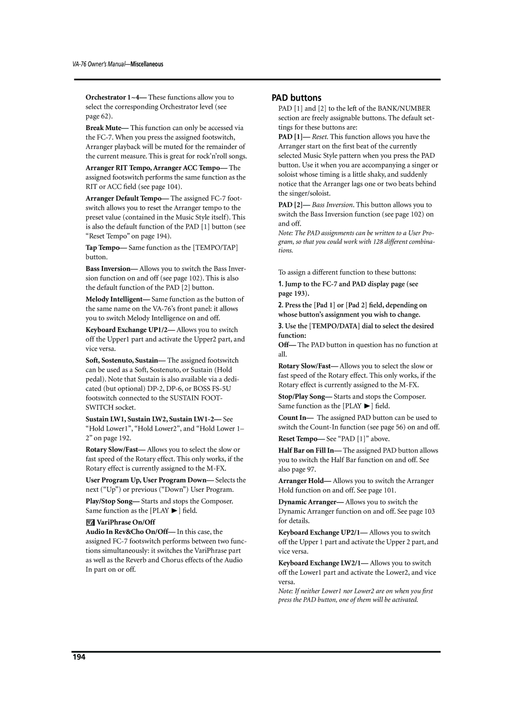 Roland VA-76 owner manual Hold Lower1, Hold Lower2, and Hold Lower 1- 2 on, Jump to the FC-7 and PAD display page see, 194 