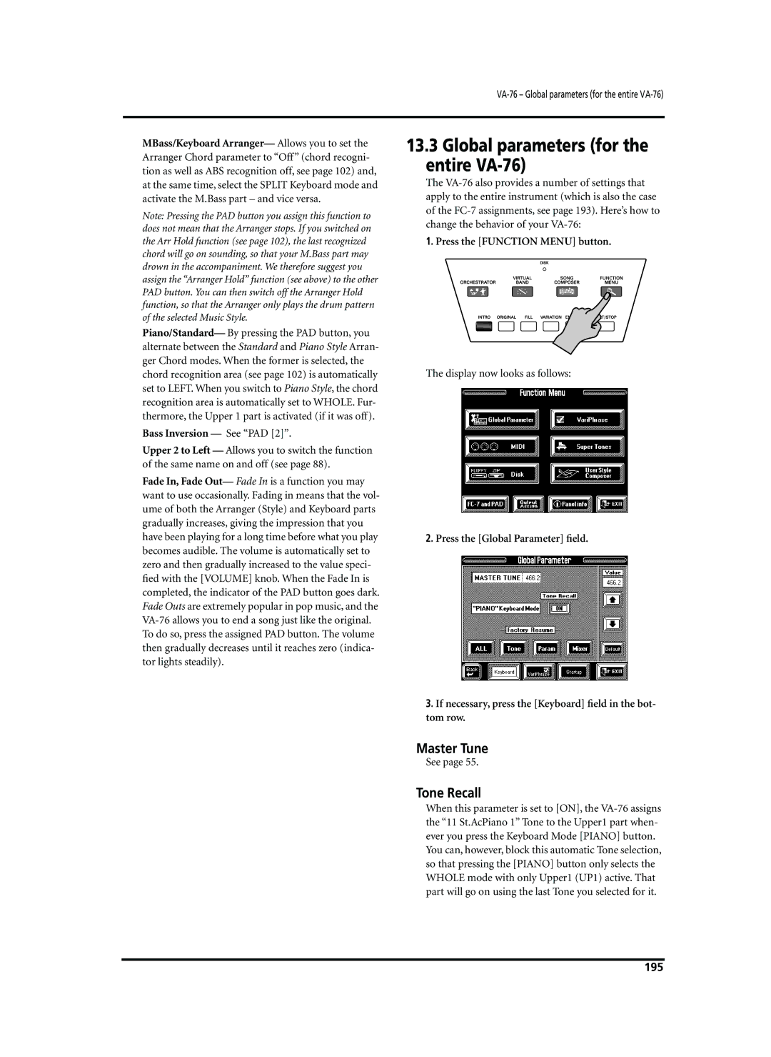 Roland owner manual Global parameters for the entire VA-76, Tone Recall, Bass Inversion See PAD, 195 