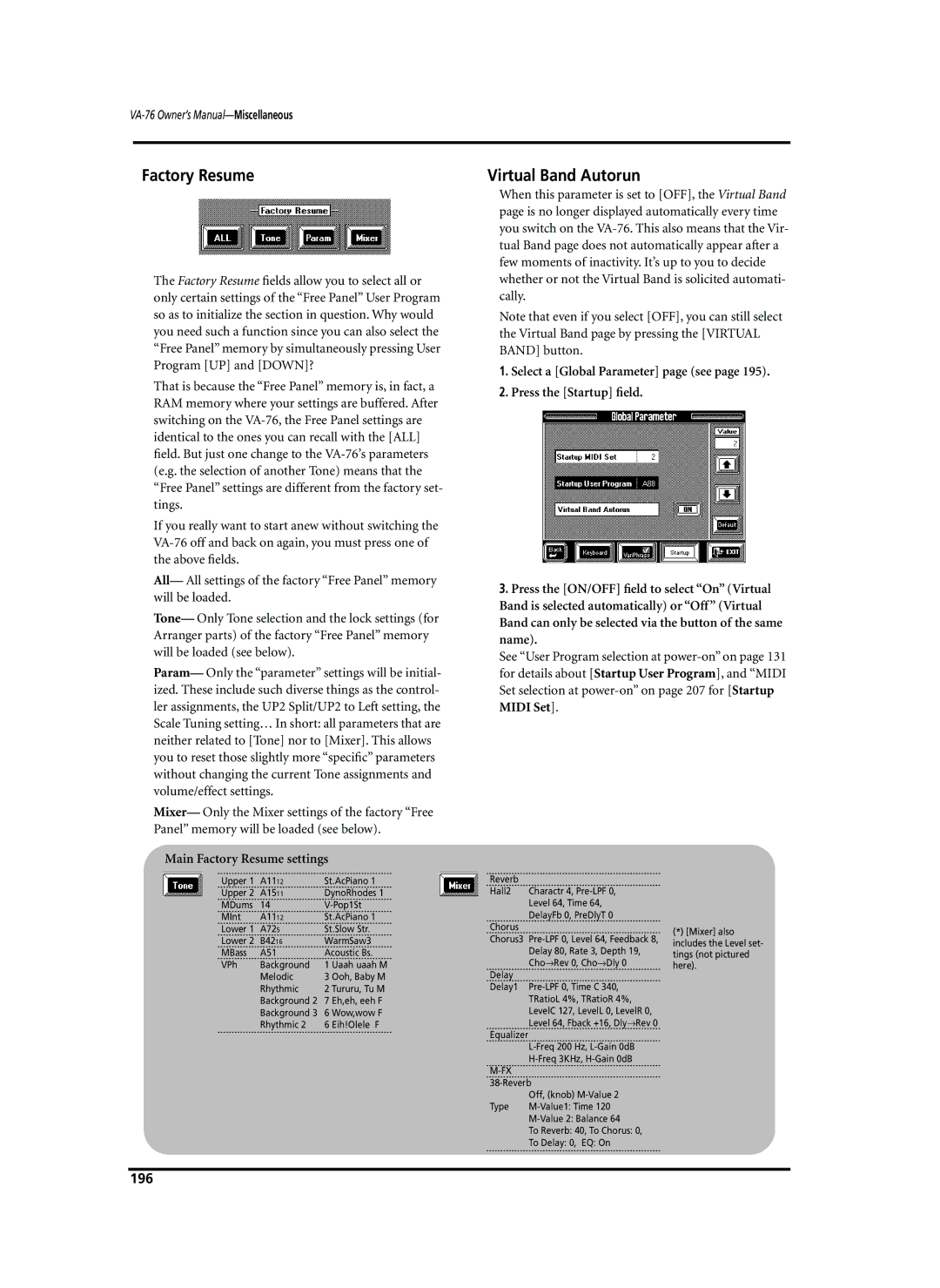 Roland VA-76 owner manual Virtual Band Autorun, Main Factory Resume settings, 196 